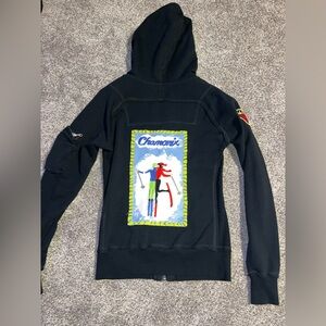 Neve Chamonix Ski Graphic Black Zip-Up Hoodie Sweatshirt XS Euc